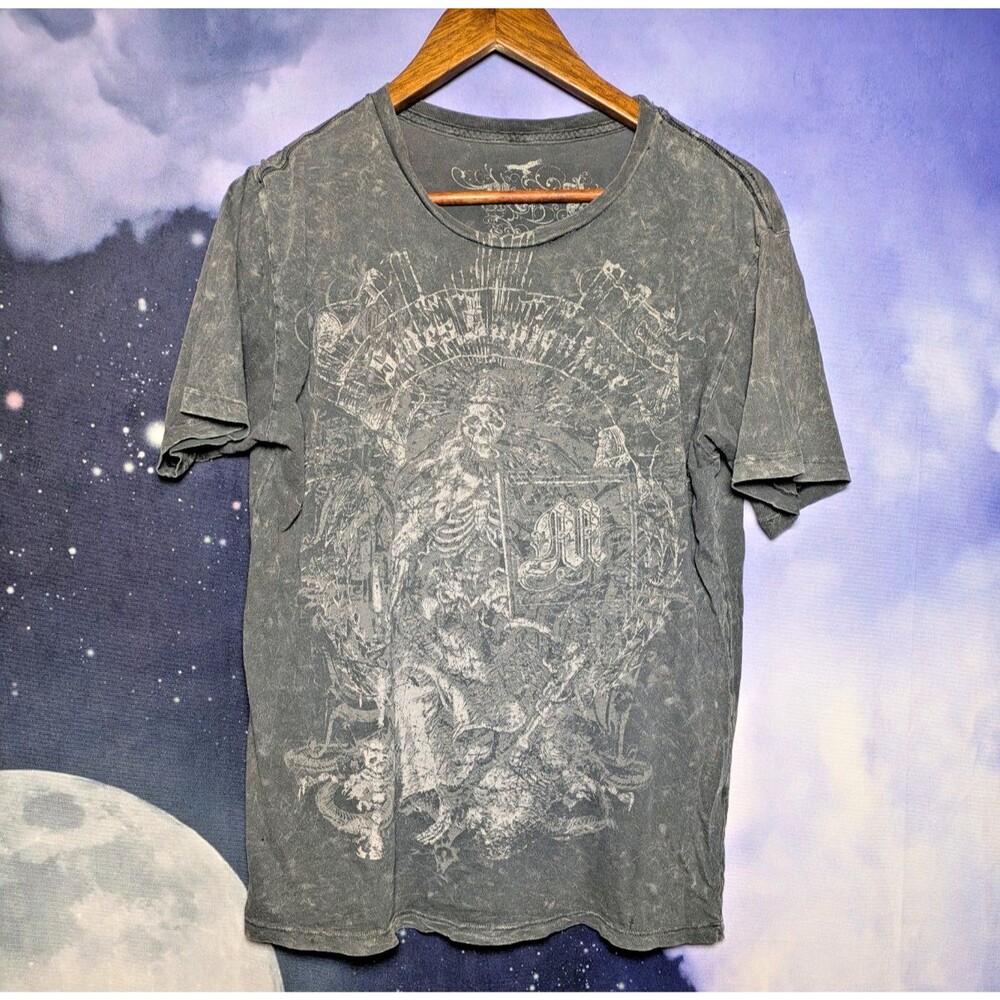 Vintage 90s Streetwear Mens Large Distressed Tribal Skeleton T-Shirt Gray USA